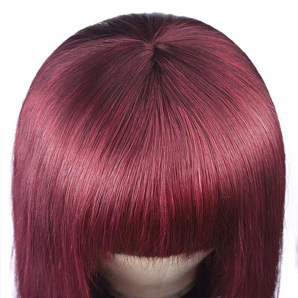 99J Burgundy Color Straight Hair No Lace Wig With Bangs - IshowHair