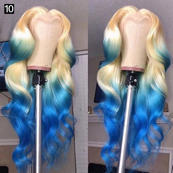 Customized Blonde to Blue Lace Front Wig With Soft Waves On a Mannequin