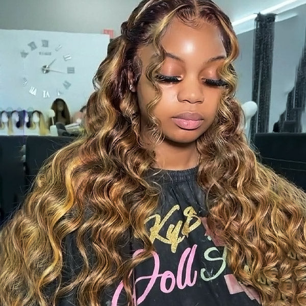 Ishow Highlight Honey Blonde Human Hair Wigs 30 Inch Loose Deep Wave Wig 4x4 Lace Closure Wig