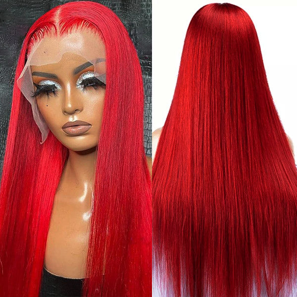 Red Wig Bone Straight 13x4 Lace Front Wigs 30 Inch Long HD Human Hair Wigs With Baby Hair