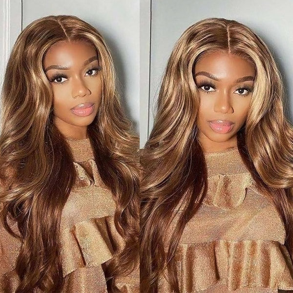 Honey Blonde Highlights Body Wave Lace Wig Unprocessed Lace Front Closure Human Hair Wigs