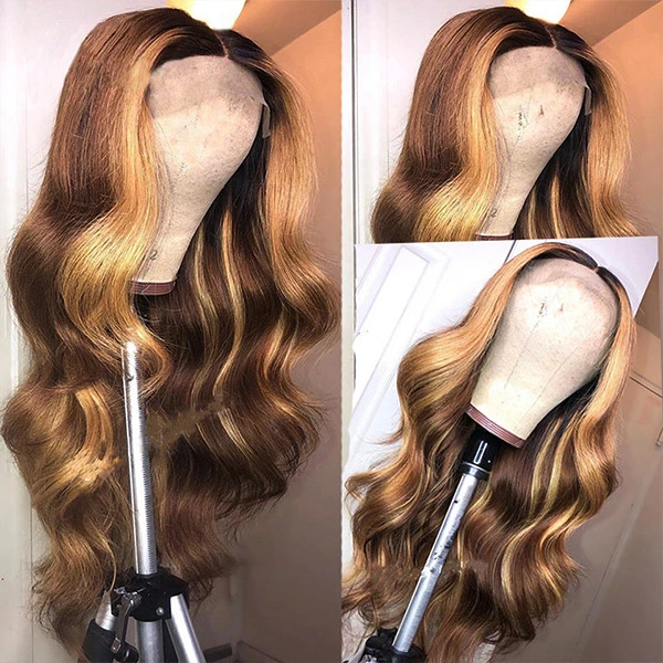 P4/27 Honey Blonde Body Wave 13x4 Highlight Ombre Brown Lace Front Human Hair Wigs - IshowHair