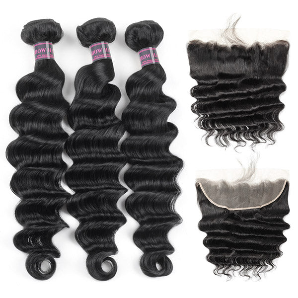 Peruvian Loose Deep Wave Human Hair 3 Bundles With 13*4 Ear To Ear Lace Frontal Closure - IshowHair