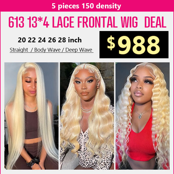 $988 613 Blonde Color 13x4 HD Lace Frontal Wig Package Deal 20 22 24 26 28 Inch 5PCS