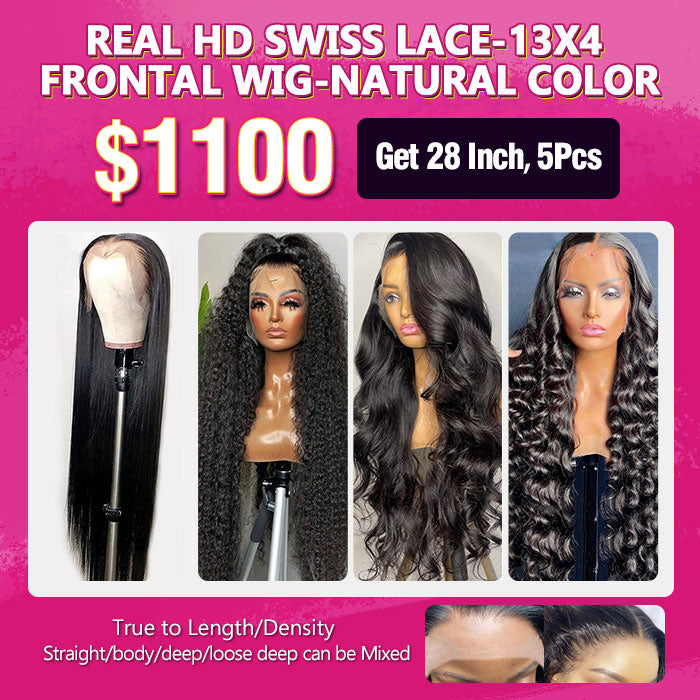 $1100 Real HD Swiss Lace Natural Color 13x4 Frontal Wig Package Deal 28 Inch 5Pcs