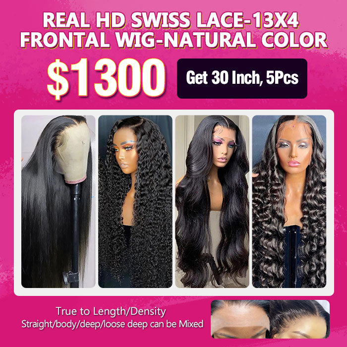 $1300 Real HD Swiss Lace Natural Color 13x4 Frontal Wig Package Deal 30 Inch 5Pcs