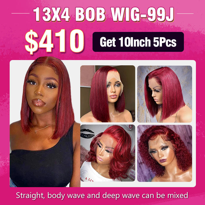 $410 99J Burgundy Color 13X4 Lace Frontal Bob Wig Package Deal 10 Inch 5PCS