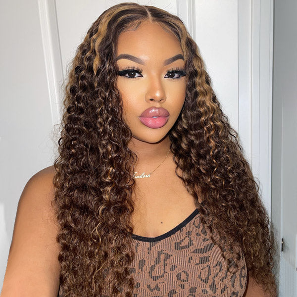  Highlight Ombre T4/27 Color Deep Wave Curly Wig HD Transparent  13x4 Lace Front Human Hair Wig Pre Plucked With Baby Hair Bleached Knots  Brazilian Virgin Hair Glueless Wigs 150 Density