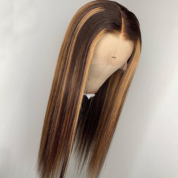Highlights Honey Blonde Straight Lace Front Wig 13x4 Lace Frontal Wig Real Human Hair Wigs - IshowHair