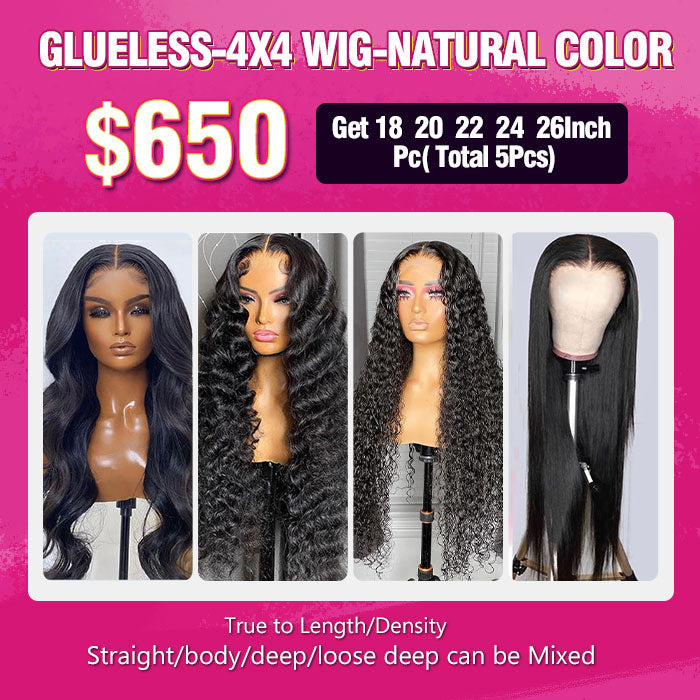 650 Glueless Natural Color 4x4 Lace Closure Wig Package Deal 18,20,22,24,26 Inch 5Pcs