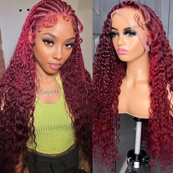 99J Colored Wigs Deep Curly Wave T Part Lace Front Human Hair Wigs $89 Sale