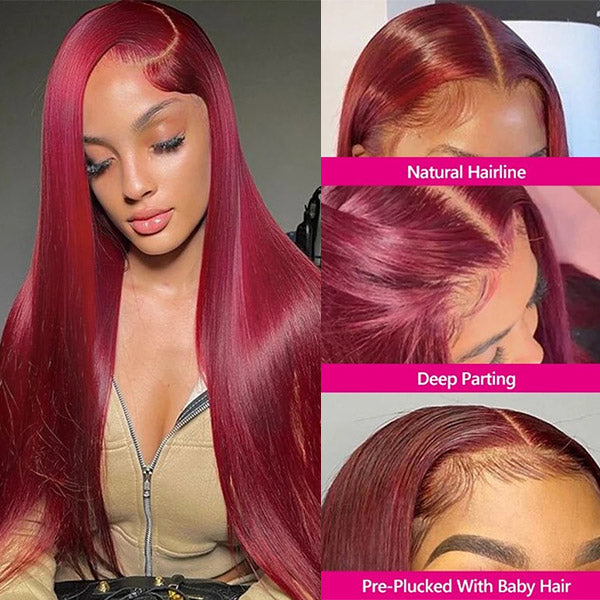 Burgundy Lace Front Wigs 32 Inch HD Human Hair Wigs Straight Colored Wigs With Baby Hair