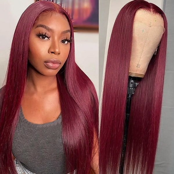 Burgundy Lace Front Wigs 32 Inch HD Human Hair Wigs Straight Colored Wigs With Baby Hair