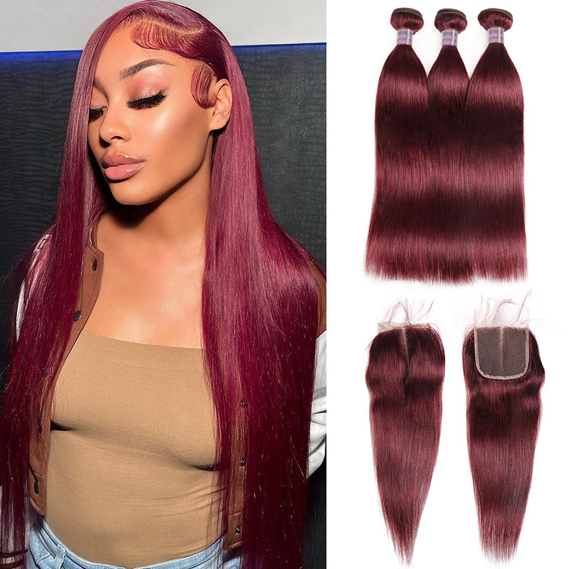 99J Bundles With Closure Remy Straight Human Hair Weave With Lace Closure Brazilian Hair