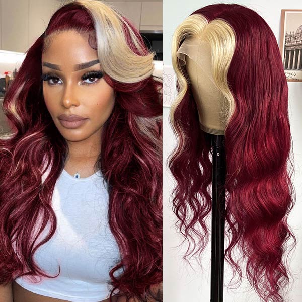 burgundy wig with blonde highlights for a dimensional look