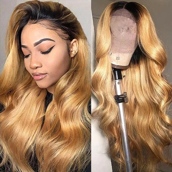 Ombre Honey Blonde Full Lace Wigs Body Wave Human Hair Wigs With Baby Hair 180% Density Colored Lace Front Wigs