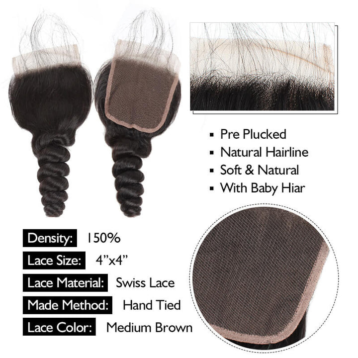 Virgin Malaysian Loose Wave Hair 3 Bundles With 4*4 Lace Closure