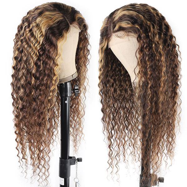 Brazilian P4/27 Honey Blonde Color Wig Deep Wave 4x4 Lace Closure Human Hair Wigs With Highlights - IshowHair
