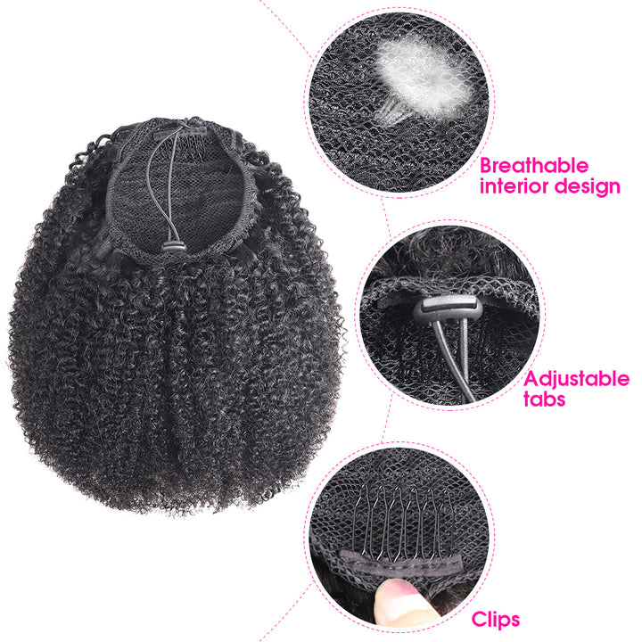Drawstring Ponytail Afro Curly Human Hair Clip in Hair Extension in Ponytail