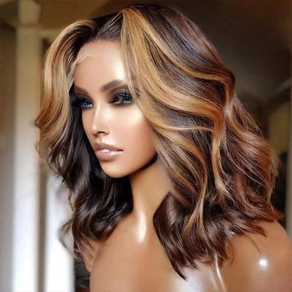 Highlight Bob Wig 13x4 HD Lace Front Wigs Body Wave Human Hair Short Bob Wigs Ombre Highlight Wig
