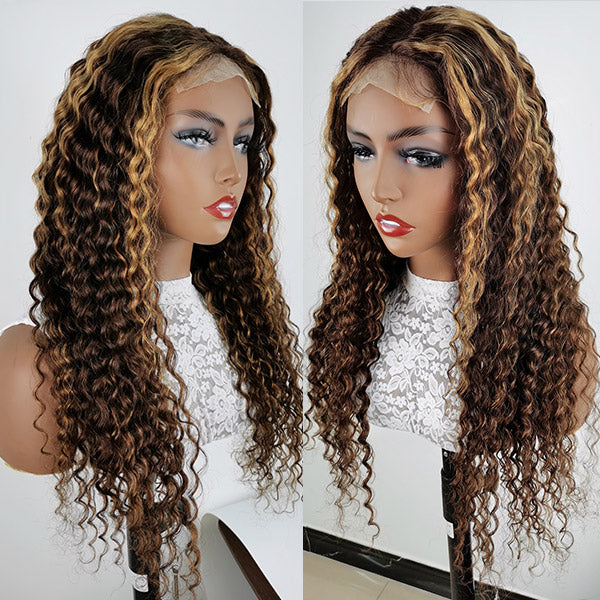 Highlights Honey Blonde Deep Wave Wig 4x4 Lace Closure and T Part Lace Wig - IshowHair