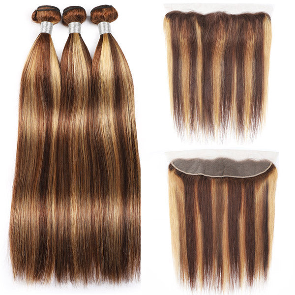 Ishow Beauty P4/27 Honey Blonde Straight Human Hair Weave Bundles With 13x4 Lace Frontal - IshowHair