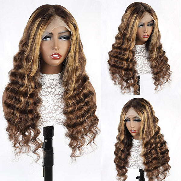 Loose Deep Wave Honey Blonde Human Hair Wigs 4x4 Lace Closure and T Part Lace Wig With Highlights - IshowHair
