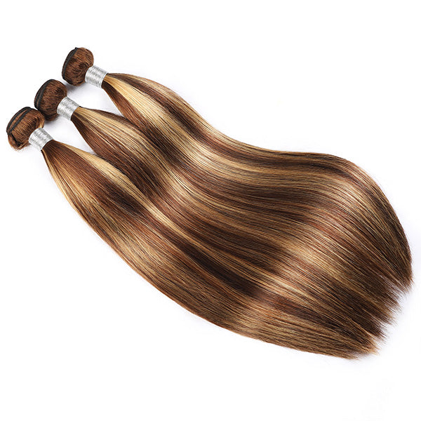 Peruvian P4/27 Honey Blonde Virgin Remy Straight Human Hair Weave 3 Bundles With 4x4 Lace Closure - IshowHair