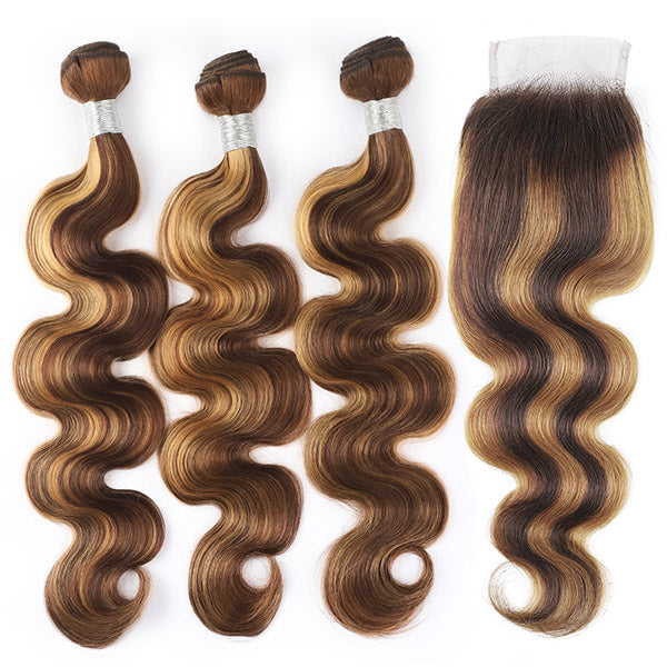 Ishow Beauty Peruvian Body Wave P4/27 Honey Blonde Human Hair Weave 3 Bundles With 4x4 Lace Closure - IshowHair