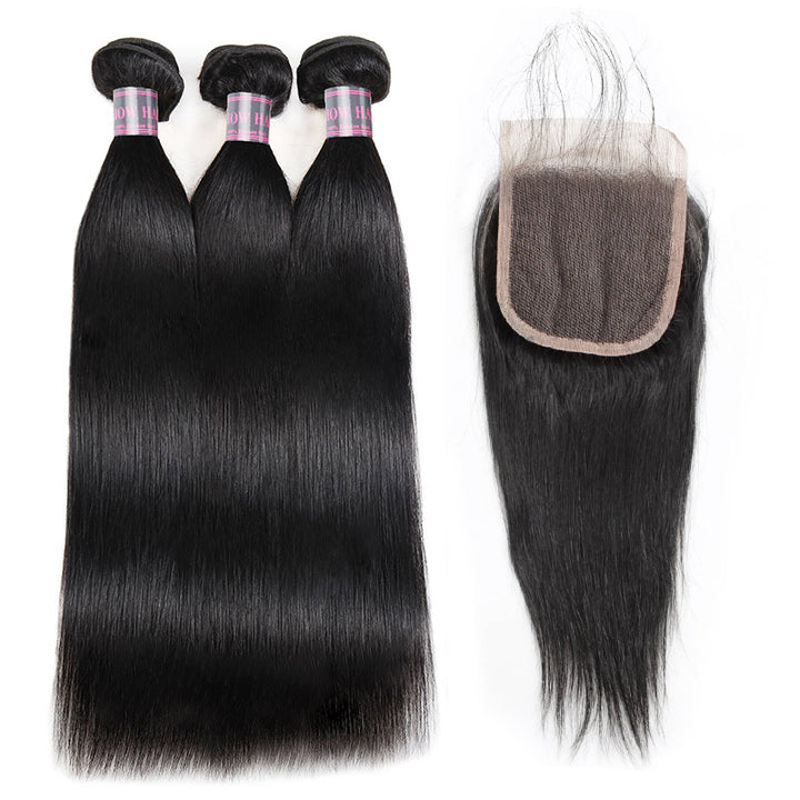 Indian Straight Hair Weave Ishow Remy Virgin Human Hair 3 Bundles with Lace Closure Free Middle Three Part With Baby Hair - IshowVirginHair