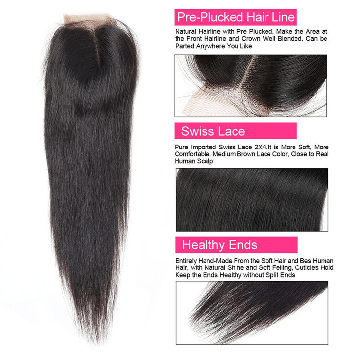 Brazilian Straight Hair Weave Ishow Remy Virgin Human Hair 3 Bundles with 2*4 Lace Closure - IshowVirginHair
