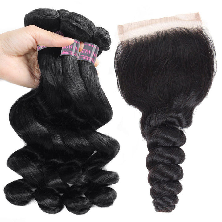 Virgin Brazilian Loose Wave Human Hair Weave 4 Bundles With 4*4 Lace Closure - IshowVirginHair