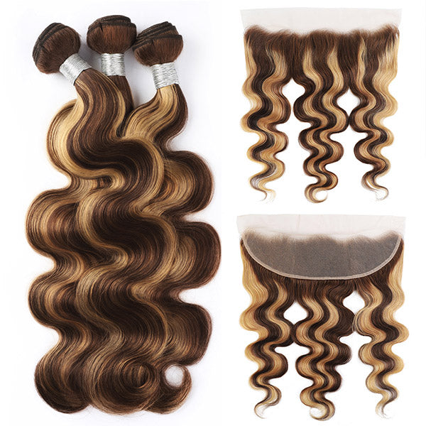 Ishow Beauty Honey Blonde P4/27 Body Wave Human Hair Weave Bundles with 13x4 Lace Frontal Closure - IshowHair