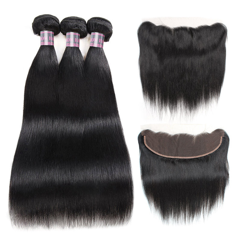 Ishow Virgin Brazilian Straight Hair Weave 3 Bundles with 13*4 Lace Frontal
