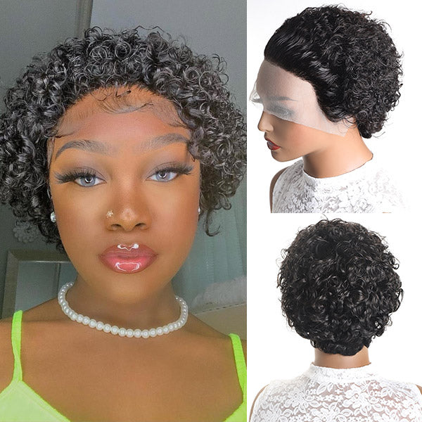 Pixie Curly Wig Cut Bob Wig Glueless Human Hair Wigs 13x1 Transparent Lace Front Wigs