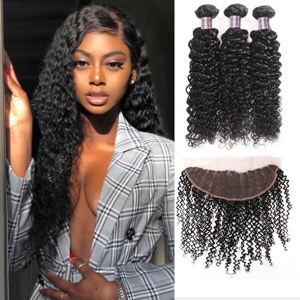 Virgin Brazilian Curly Hair 3 Bundles with 13*4 Lace Frontal Closure - IshowHair