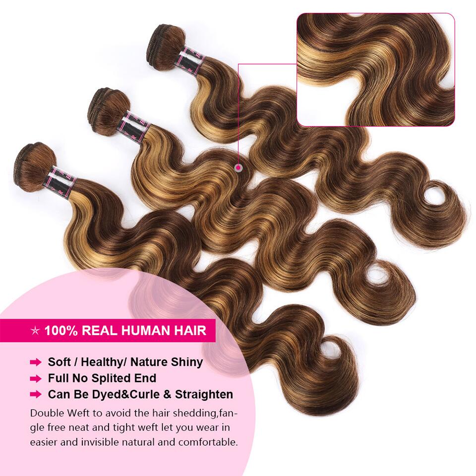 Ishow Beauty Honey Blonde P4/27 Body Wave Human Hair Weave Bundles with 13x4 Lace Frontal Closure - IshowHair