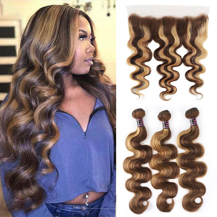 Ishow Beauty Honey Blonde P4/27 Body Wave Human Hair Weave Bundles with 13x4 Lace Frontal Closure - IshowHair