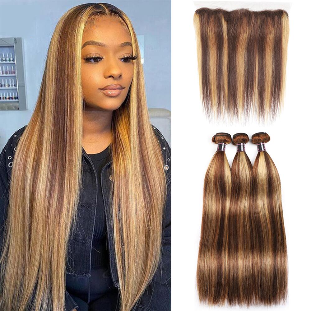 Ishow Beauty P4/27 Honey Blonde Straight Human Hair Weave Bundles With 13x4 Lace Frontal - IshowHair