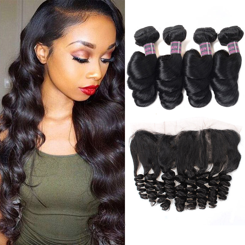 Peruvian Loose Wave With Frontal Closure 4 Bundles Non Remy Human Hair Weave Pre Plucked Lace Frontal Closure With Bundles - IshowVirginHair
