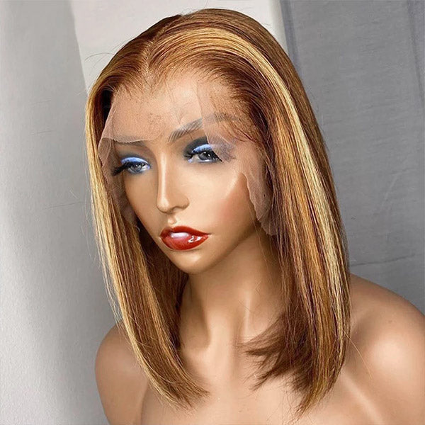 Blonde Bob Highlights 13x4 HD lace Front Wigs Straight Human Hair Short Bob Wigs 150% Density