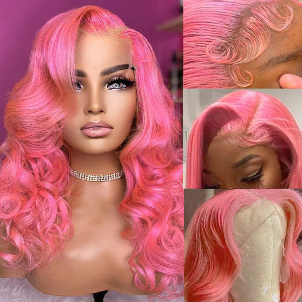 Pink Lace Front Wigs Body Wave Colored Wigs 30 Inch Transparent HD Human Hair Wigs With Natural Hairline