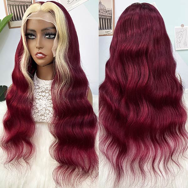 13x4 HD Transparent Lace Front Wigs Body Wave 99J Burgundy With 613 Blonde Highlight Wigs