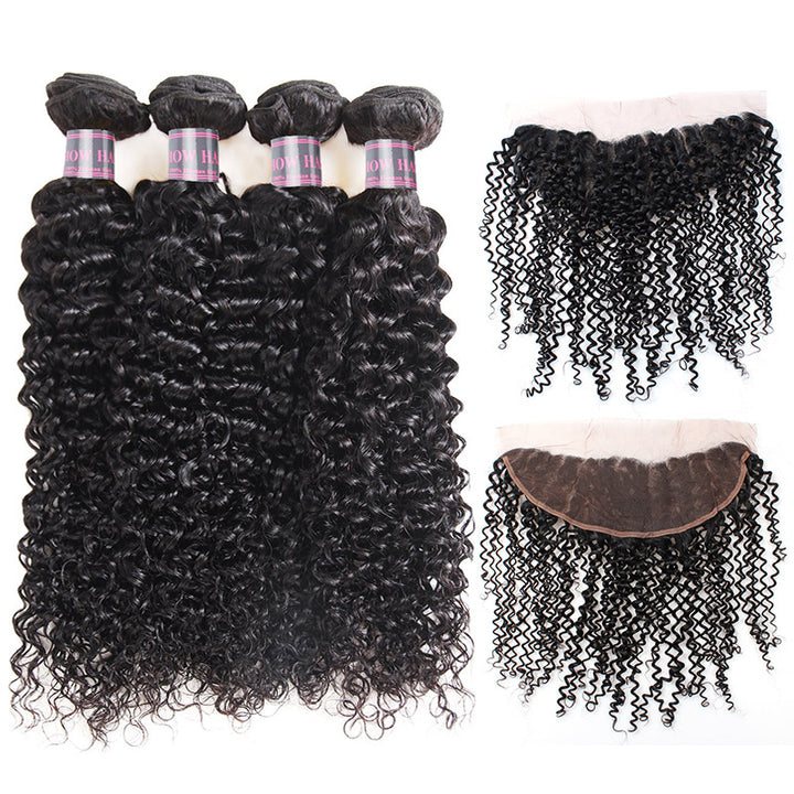 Ishow Brazilian Curly Hair Weave 4 Bundles With 13*4 Lace Frontal Closure