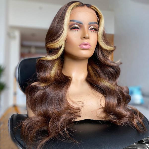 Honey Blonde Wigs Body Wave Wig Skunk Stripe Lace Wig Brown and Blonde Highlight Wigs 13x4 Lace Frontal Wigs