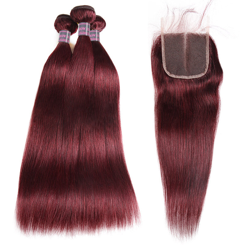 99J Bundles With Closure Remy Straight Human Hair Weave With Lace Closure Brazilian Hair
