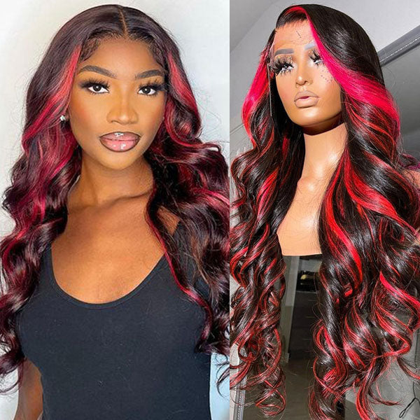 Products Rose Red With 613 Blonde Highlights 13x4 Colored Wigs Body Wave Human Hair HD Lace Front Wigs