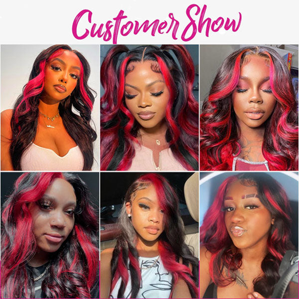 Products Rose Red With 613 Blonde Highlights 13x4 Colored Wigs Body Wave Human Hair HD Lace Front Wigs