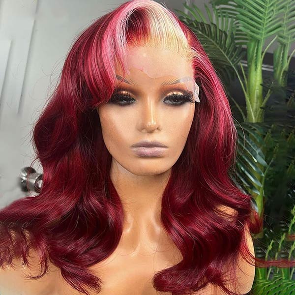 13x4 HD Transparent Lace Front Wigs Body Wave 99J Burgundy With 613 Blonde Highlight Wigs