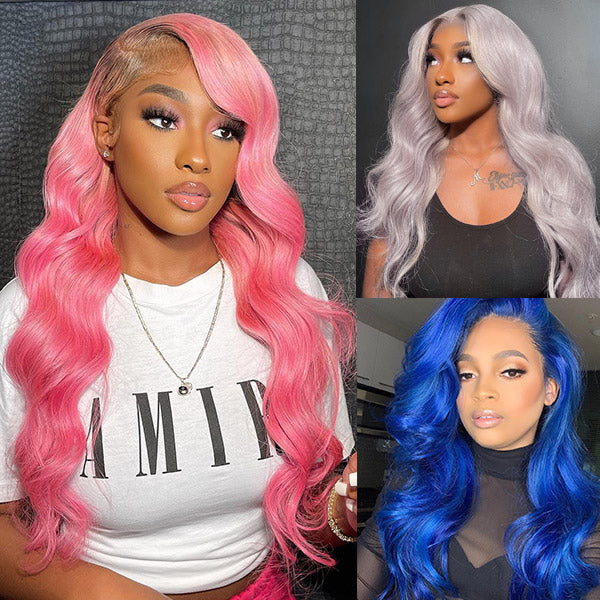 Body Wave Colored Human Hair Wigs 13x4 HD Lace Front Wigs Pink Blue Gr ...